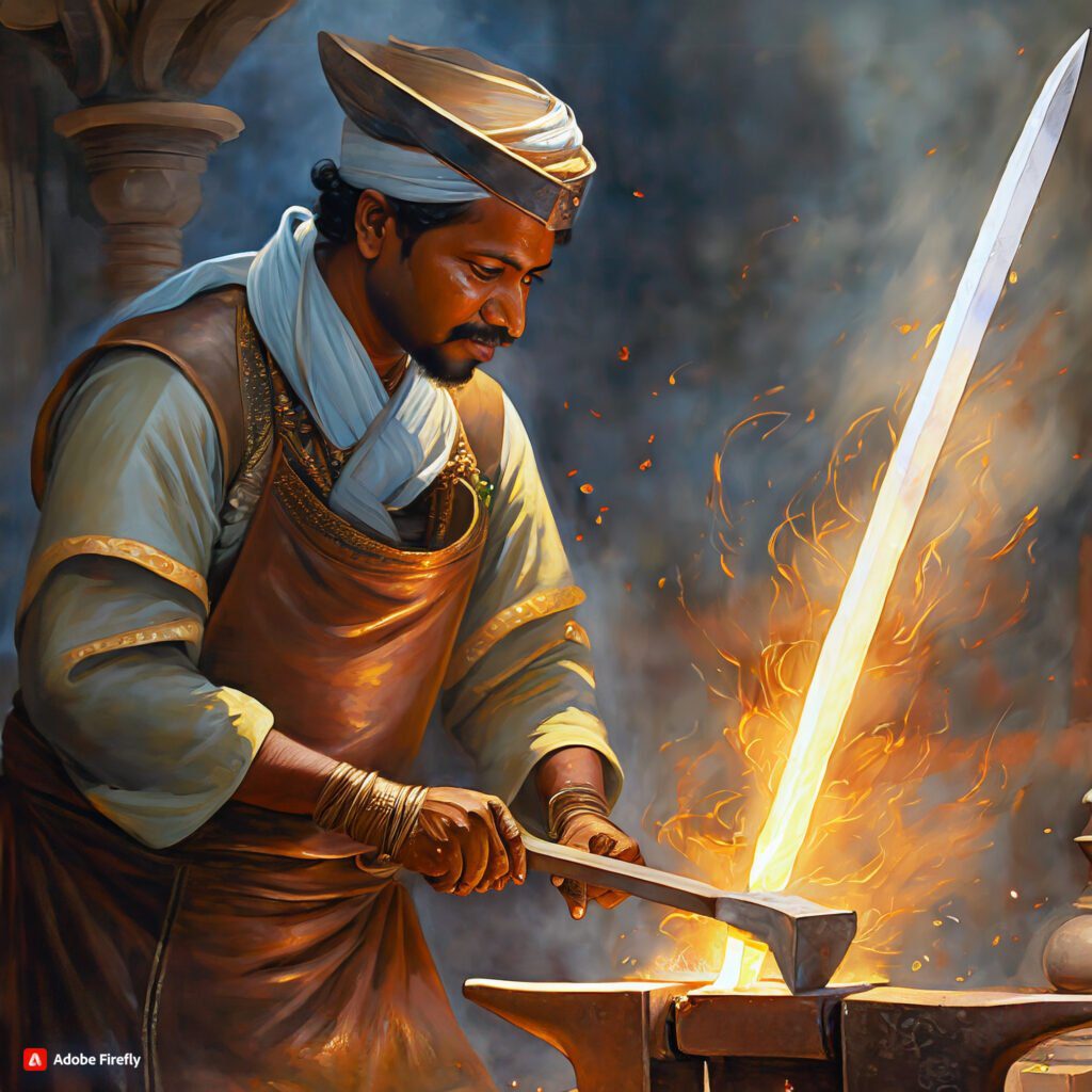 A Tamil Nadu ironsmith working with fire, hammer and anvil forging a flowing patterned wootz steel sword during the Chola empire, 12th century style.