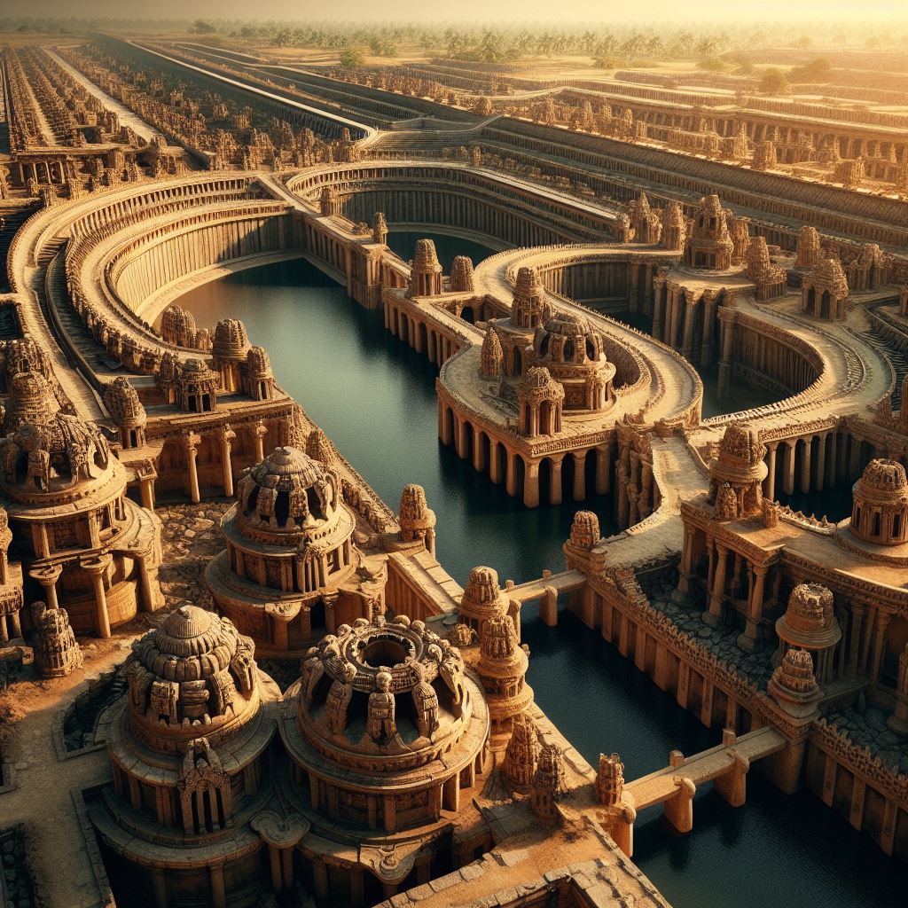 Image of a Chola Dynasty reservoir, showcasing the intricate system of canals and water tanks used for irrigation and water management.