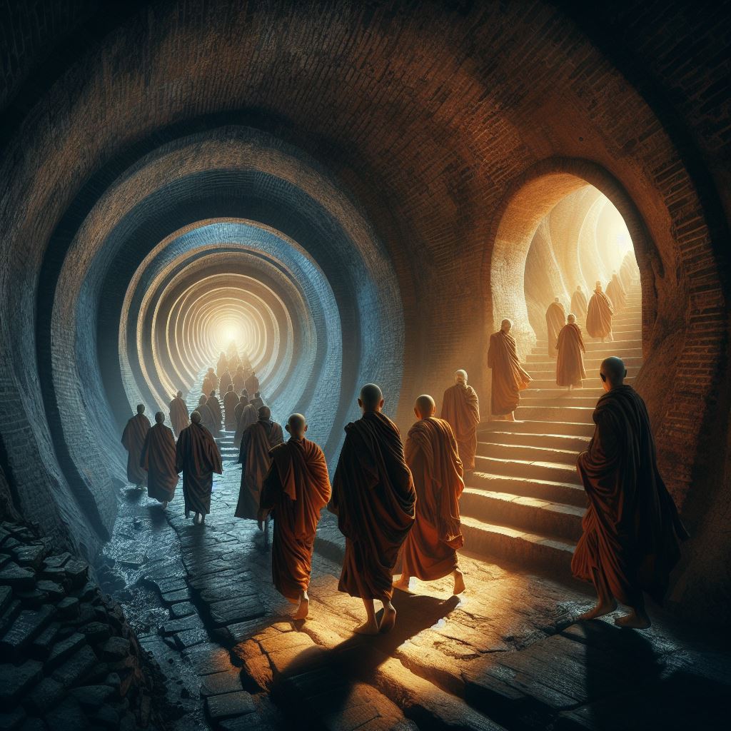 Underground tunnels with monks and scholars moving secretly.