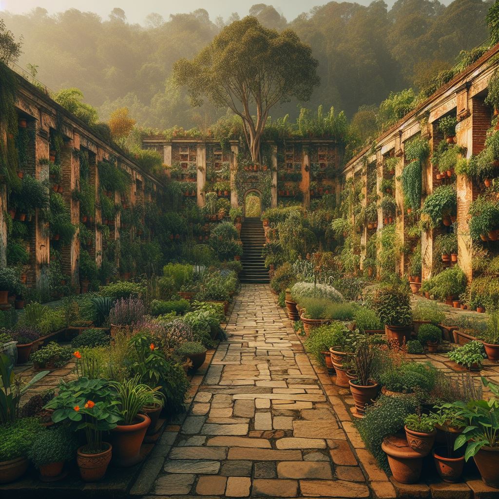 Walled gardens at Nalanda University filled with medicinal plants and herbs