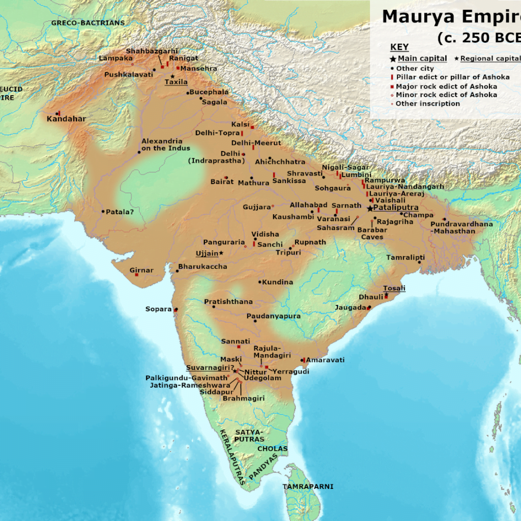 A detailed map of the Maurya Empire at its height with all conquered territories highlighted, around 300 BCE