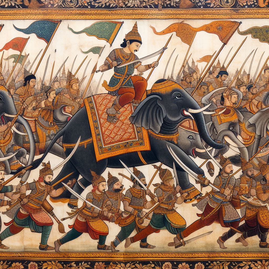 Ancient Ahom battle scene painting of warriors riding elephants in Assam