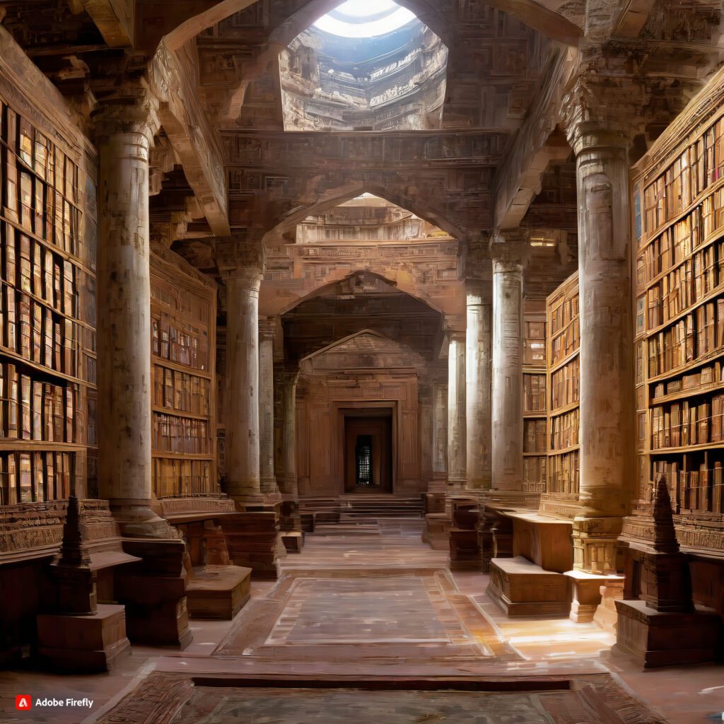 Excavated library ruins with ancient manuscripts and books