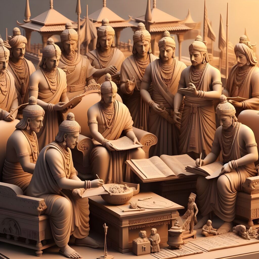 Chola Dynasty kings engaged in administrative work, showcasing their prowess in governance and social development.