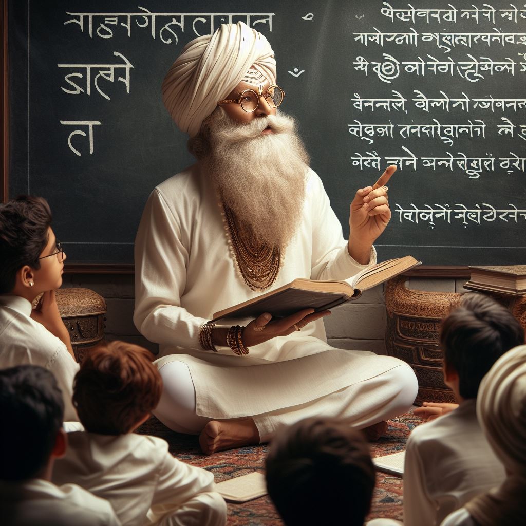 Elderly teacher providing English translations and interpretations of Hindu Vedic texts to students