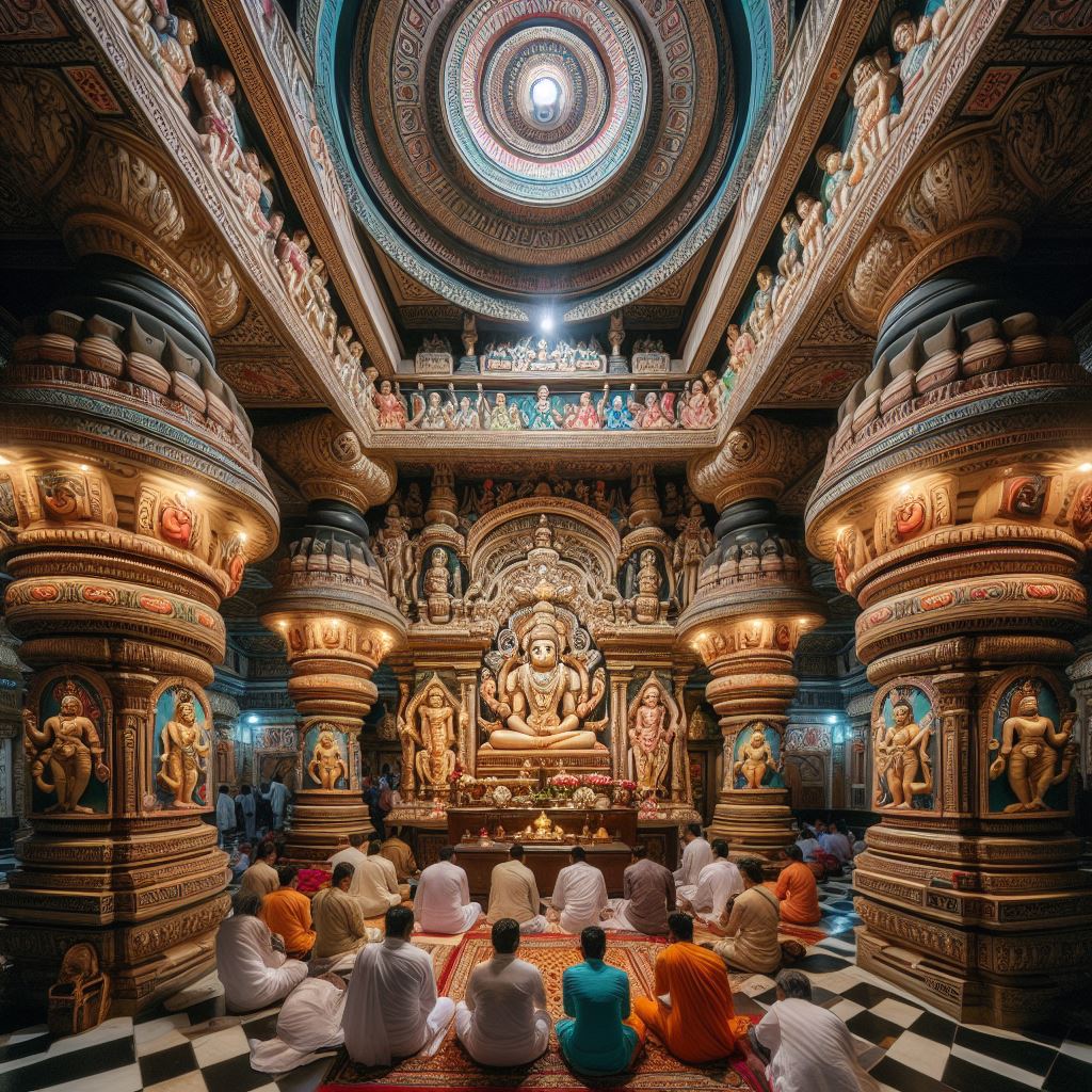 Sacred Hindu temple space honoring the four Vedas through dedicated imagery and symbolic architectural elements