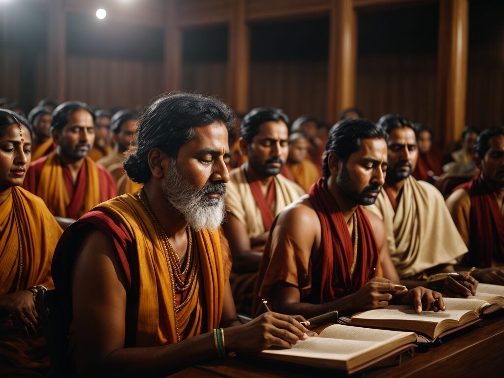 A group of people engaged in the precise and rhythmic oral recitation of the Rigveda.