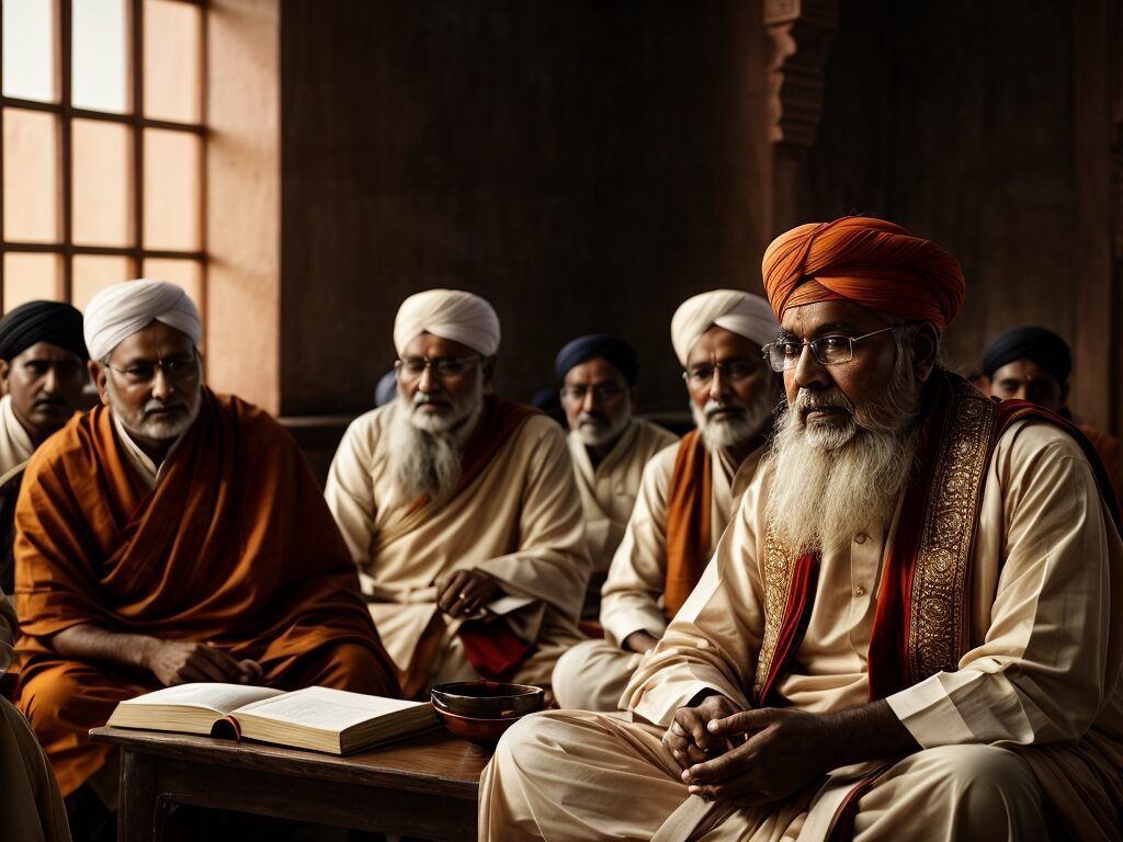 Ancient Indian scholars discussing the teachings of the Rigveda in a traditional Gurukul.