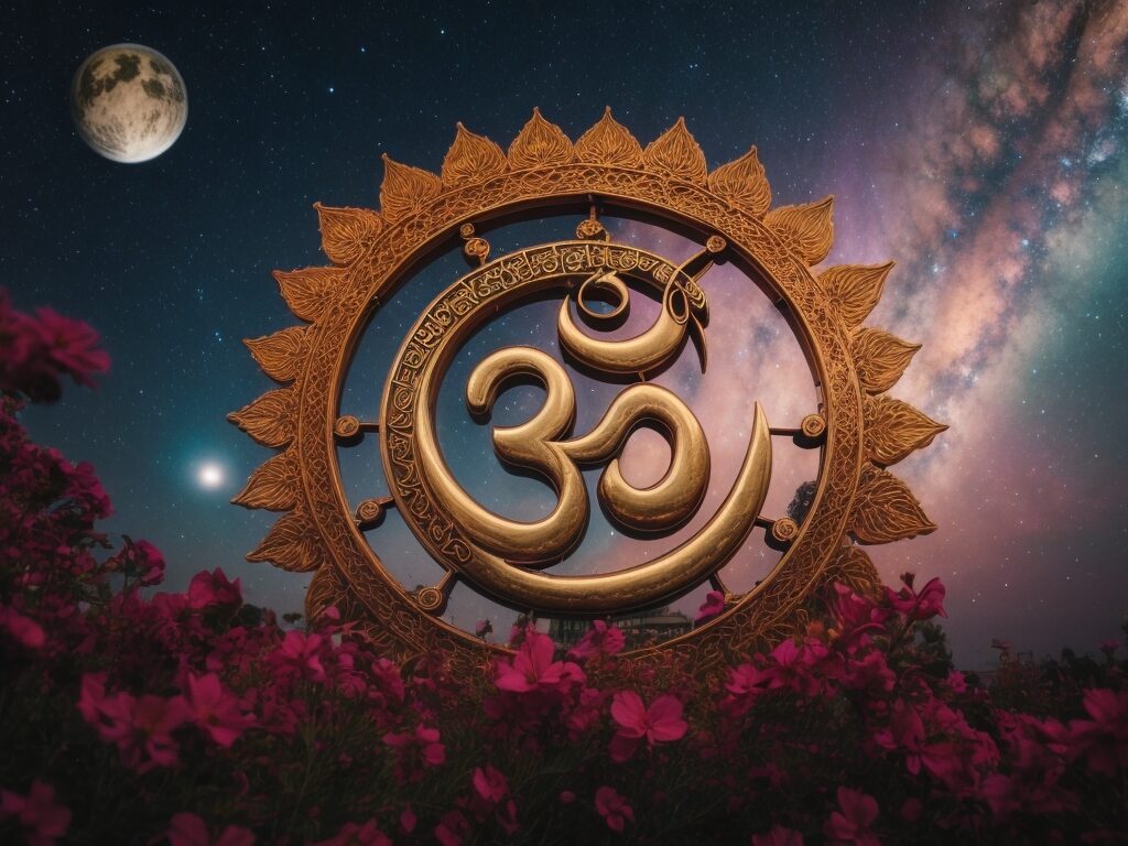 A cosmic image intertwined with symbols of ancient Indian philosophy